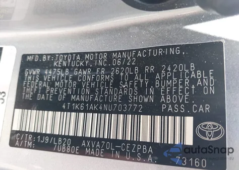 2022 Toyota Camry Xse from USA, damaged, VIN 4T1K61AK4NU703772